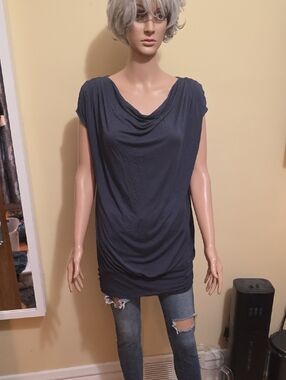 Draped Cap-Sleeve Tunic Top - Dark Navy